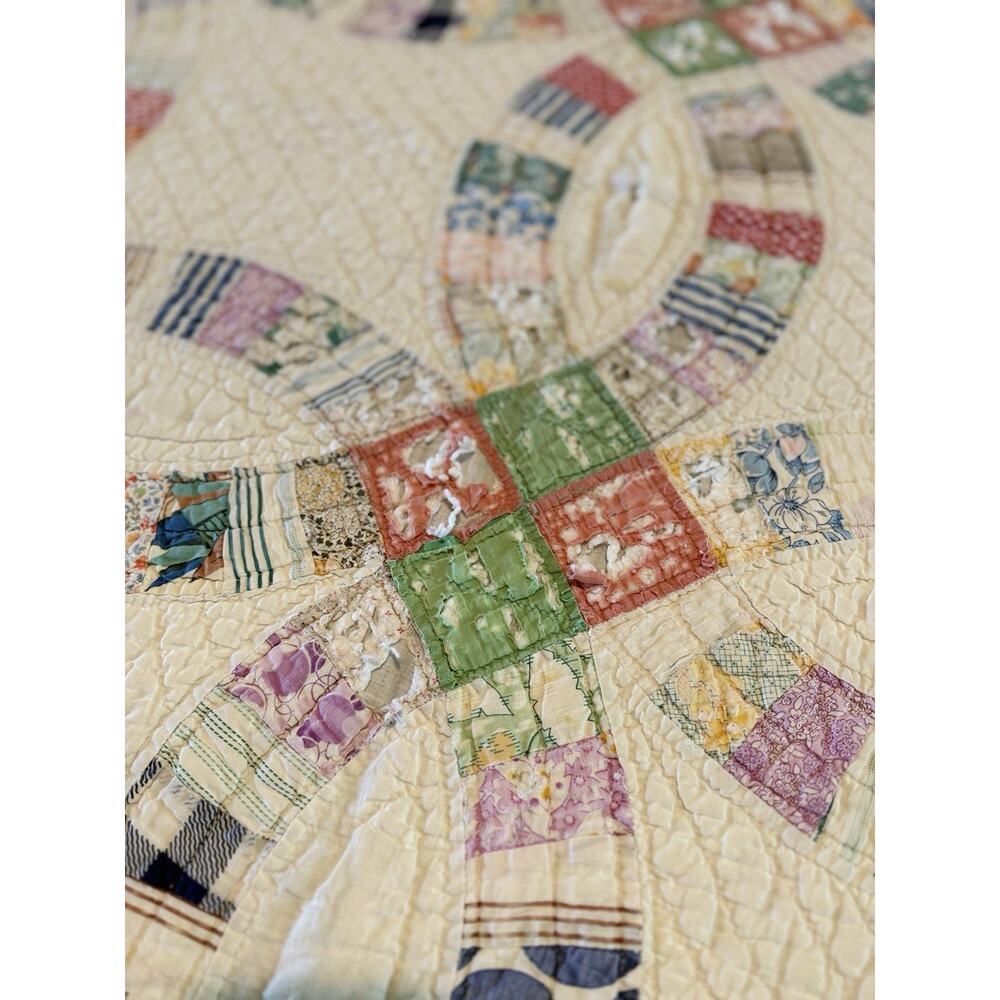 Vintage 1930's Handmade Quilt Double Wedding Ring Feed Sack Cotton Scalloped - Picture 10 of 11